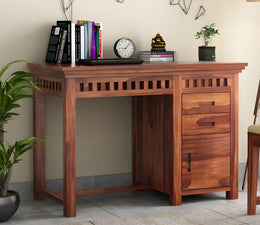 Calvithor Sheesham Wood Study Table with Pull Out Drawers and Cabinet (Honey Finish)