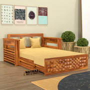Vedyan Sheesham Wood 2 Seater Sofa Bed With Storage (Honey Finish)
