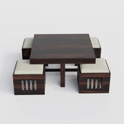 Evereford Solid Sheesham Wood Coffee Table with 4 Cushioned Stools – Walnut Finish