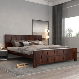 Lithorien Sheesham Wood Queen Size Bed Without Storage (Walnut Finish)