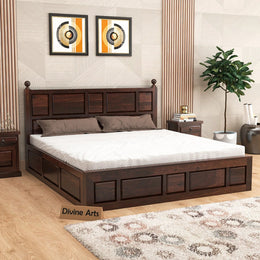 Valtorian Sheesham Wood Queen Size Bed With Storage (Walnut Finish)