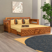 Shauryx Sheesham Wood 3 Seater Sofa Bed With Storage (Honey Finish)