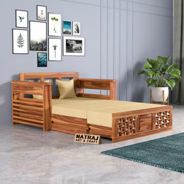 Shauryx Sheesham Wood 2 Seater Sofa Bed With Storage (Honey Finish)