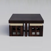 Ashivale Solid Sheesham Wood Coffee Table with 4 Cushioned Stools – Walnut Finish