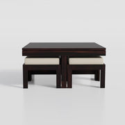 Solinvale Solid Sheesham Wood Coffee Table with 4 Cushioned Stools – Walnut Finish