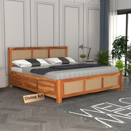 Threxian Sheesham Wood Queen Size Bed With Storage (Honey Finish)