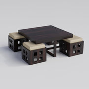 Ashivale Solid Sheesham Wood Coffee Table with 4 Cushioned Stools – Walnut Finish