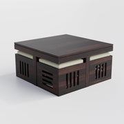 Evereford Solid Sheesham Wood Coffee Table with 4 Cushioned Stools – Walnut Finish
