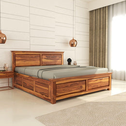 Ristavon Sheesham Wood King Size Bed With Storage (Honey Finish)