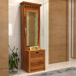 Dresthion Sheesham Wood Dressing Table with Mirror and Drawers and Storage Seating Stool (Honey Finish)