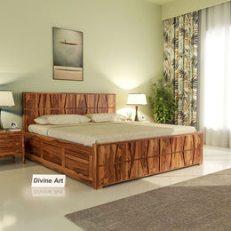 Quirvion Sheesham Wood King Size Bed With Storage (Honey Finish)