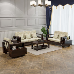 Jorvian Suede 6 Seater Solid Wood Sofa (Walnut Finish)