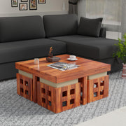 Ashivale Solid Sheesham Wood Coffee Table with 4 Cushioned Stools – Honey Finish