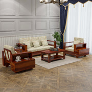 Jorvian Suede 5 Seater Solid Wood Sofa (Honey Finish)