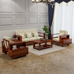 Jorvian Suede 5 Seater Solid Wood Sofa (Honey Finish)