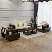 Jorvian Suede 5 Seater Solid Wood Sofa (Walnut Finish)