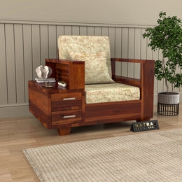Jorvian Suede 1 Seater Solid Wood Sofa (Honey Finish)