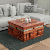 Evereford Solid Sheesham Wood Coffee Table with 4 Cushioned Stools – Honey Finish