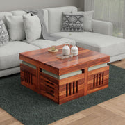 Evereford Solid Sheesham Wood Coffee Table with 4 Cushioned Stools – Honey Finish