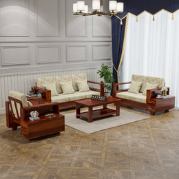 Jorvian Suede 6 Seater Solid Wood Sofa (Honey Finish)