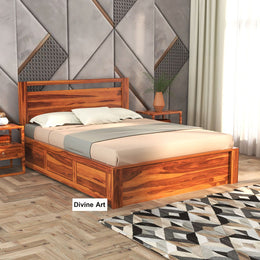 Zindros Sheesham Wood King Size Bed With Storage (Honey Finish)