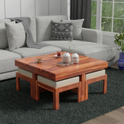 Solinvale Solid Sheesham Wood Coffee Table with 4 Cushioned Stools – Honey Finish