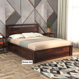 Zindros Sheesham Wood Queen Size Bed With Storage (Walnut Finish)