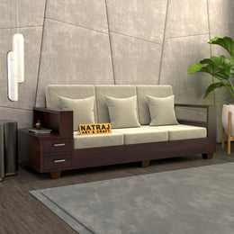 Jorvian Mossy 3 Seater Solid Wood Sofa (Walnut Finish)