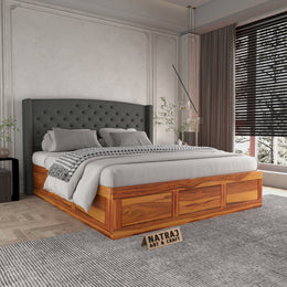 Jilvueen Sheesham Wood King Size Bed With Storage (Honey Finish)