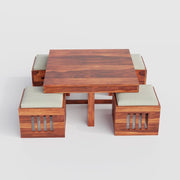 Evereford Solid Sheesham Wood Coffee Table with 4 Cushioned Stools – Honey Finish