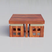 Ashivale Solid Sheesham Wood Coffee Table with 4 Cushioned Stools – Honey Finish