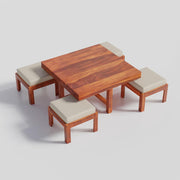 Solinvale Solid Sheesham Wood Coffee Table with 4 Cushioned Stools – Honey Finish