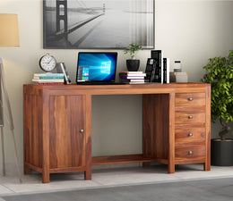 Yvithon Sheesham Wood Study Table with Four Drawers & Cabinet (Honey Finish)