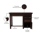 Calvithor Sheesham Wood Study Table with Pull Out Drawers and Cabinet (Walnut Finish)