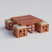 Ashivale Solid Sheesham Wood Coffee Table with 4 Cushioned Stools – Honey Finish
