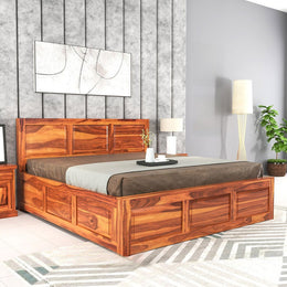 Xelvathis Sheesham Wood Queen Size Bed With Storage (Honey Finish)