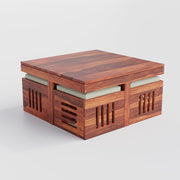 Evereford Solid Sheesham Wood Coffee Table with 4 Cushioned Stools – Honey Finish