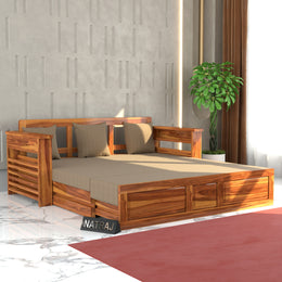 Karmith Sheesham Wood 3 Seater Sofa Bed With Storage (Honey Finish)