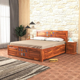 Wythenis Sheesham Wood King Size Bed With Storage (Honey Finish)