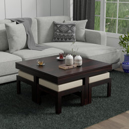 Solinvale Solid Sheesham Wood Coffee Table with 4 Cushioned Stools – Walnut Finish