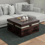 Evereford Solid Sheesham Wood Coffee Table with 4 Cushioned Stools – Walnut Finish