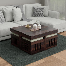 Evereford Solid Sheesham Wood Coffee Table with 4 Cushioned Stools – Walnut Finish