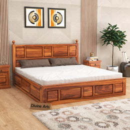 Valtorian Sheesham Wood King Size Bed With Storage (Honey Finish)