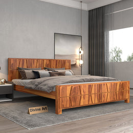 Lithorien Sheesham Wood Queen Size Bed Without Storage (Honey Finish)