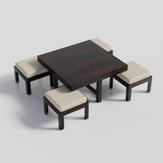 Solinvale Solid Sheesham Wood Coffee Table with 4 Cushioned Stools – Walnut Finish