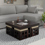 Ashivale Solid Sheesham Wood Coffee Table with 4 Cushioned Stools – Walnut Finish