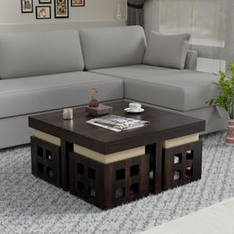 Ashivale Solid Sheesham Wood Coffee Table with 4 Cushioned Stools – Walnut Finish