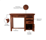 Calvithor Sheesham Wood Study Table with Pull Out Drawers and Cabinet (Honey Finish)