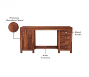 Yvithon Sheesham Wood Study Table with Four Drawers & Cabinet (Honey Finish)