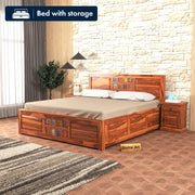Wythenis Sheesham Wood Queen Size Bed With Storage (Honey Finish)